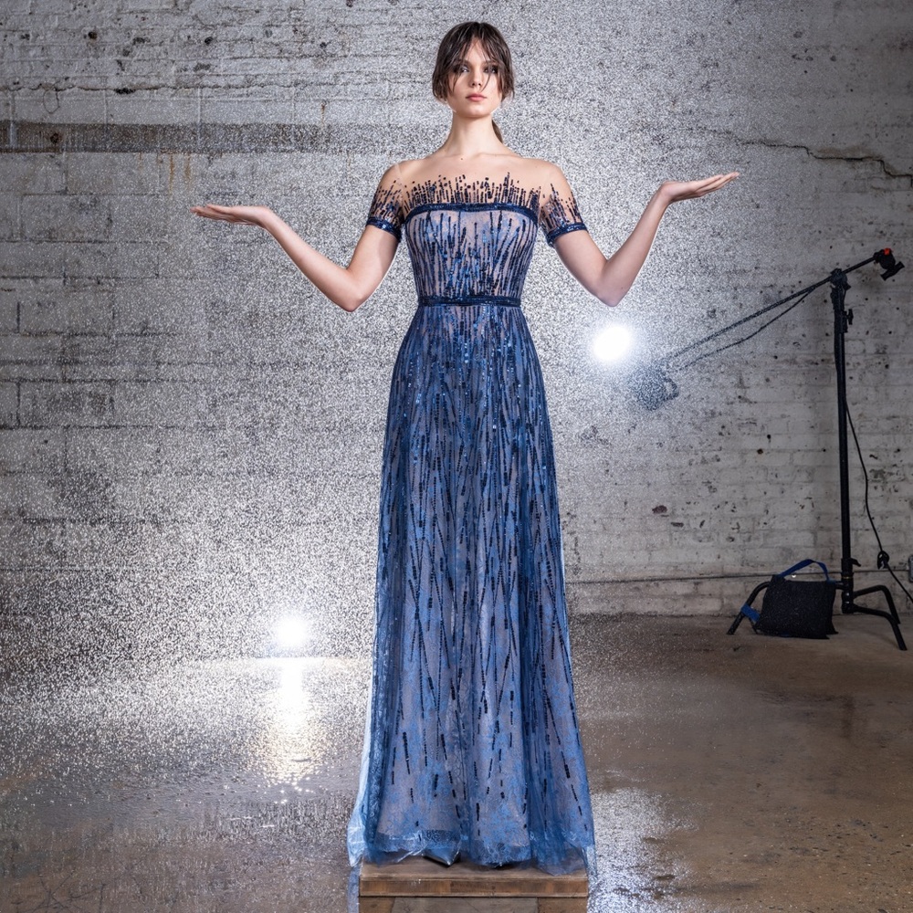 Reem Acra Women's Beaded Lace Illusion Gown - Powder Blue  Maxi Dress
